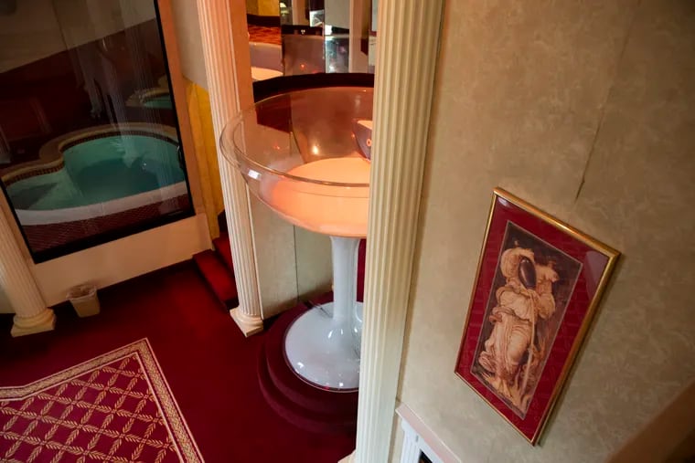 A room featuring a champagne glass hot tub in the Roman Towers at Pocono Palace Resort in East Stroudsburg, Pa. The resort is closing in early May.