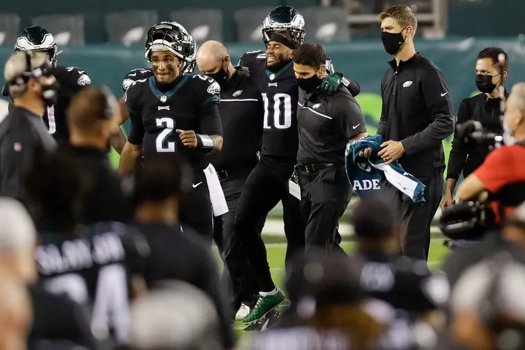 Eagles DeSean Jackson gets medical help after getting injuring attempting to return a punt against the New York Giants in October.