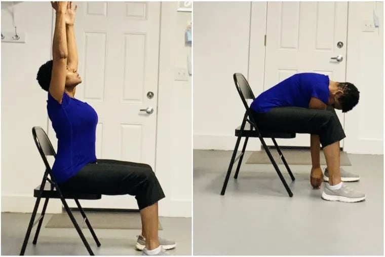 Yvonne demonstrates a chair stretch.