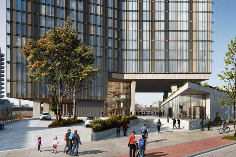 Artist's rendering of entrance to Pier 34/35 South apartment tower project tower proposed on South Columbus Boulevard.