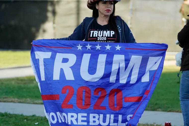 A supporter for the re-election of Donald Trump for President holds a banner as she demonstrates on North Santa Monica Blvd., in Beverly Hills, Calif., Saturday, Nov. 7, 2020. News of President-elect Joe Biden's victory on Saturday set off celebrations and protests as jubilant supporters and frustrated opponents of the former vice president took to the streets in California's major cities. Supporters of President Trump rallied in Beverly Hills, demanding a recount of votes.
