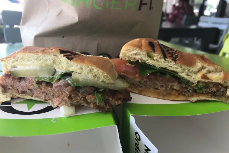 The Beyond Burger at BurgerFi features a faux-meat patty made from pea protein and has a brighter, more reddish appearance than the standard burger (right). Marketing campaigns suggest plant-based meat is a healthier alternative, but is it really?