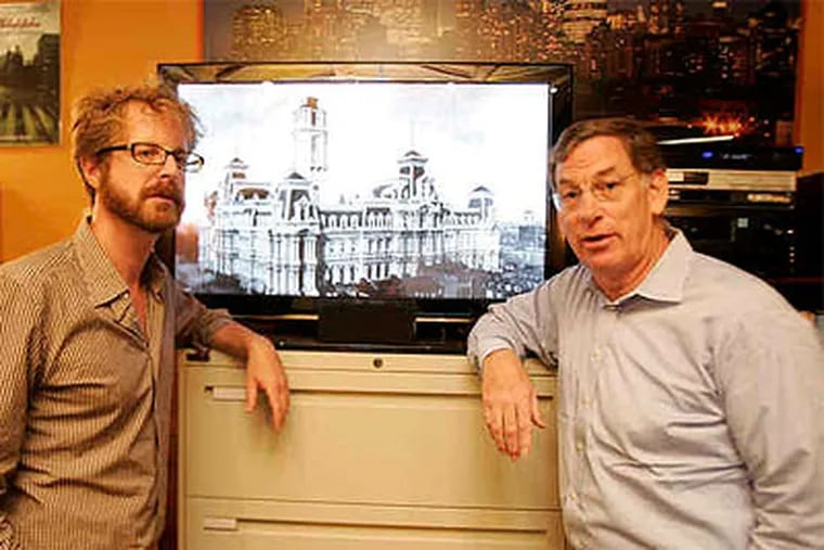 Sam Katz (right) has been screening the pilot film of his planned documentary series for local groups. With him was Nathaniel Popkin, senior writer of the initial half-hour installment. (David Swanson / Staff Photographer)