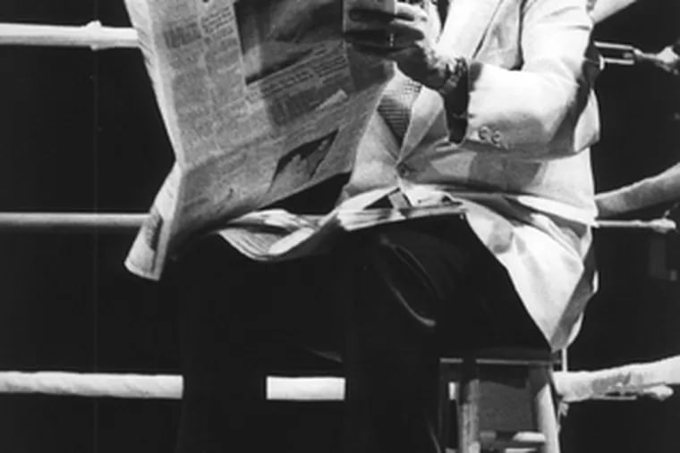 Ten years after going toe to toe with Eagles fans, Howard Cosell pauses in an Atlantic City boxing ring for a rare quiet moment.