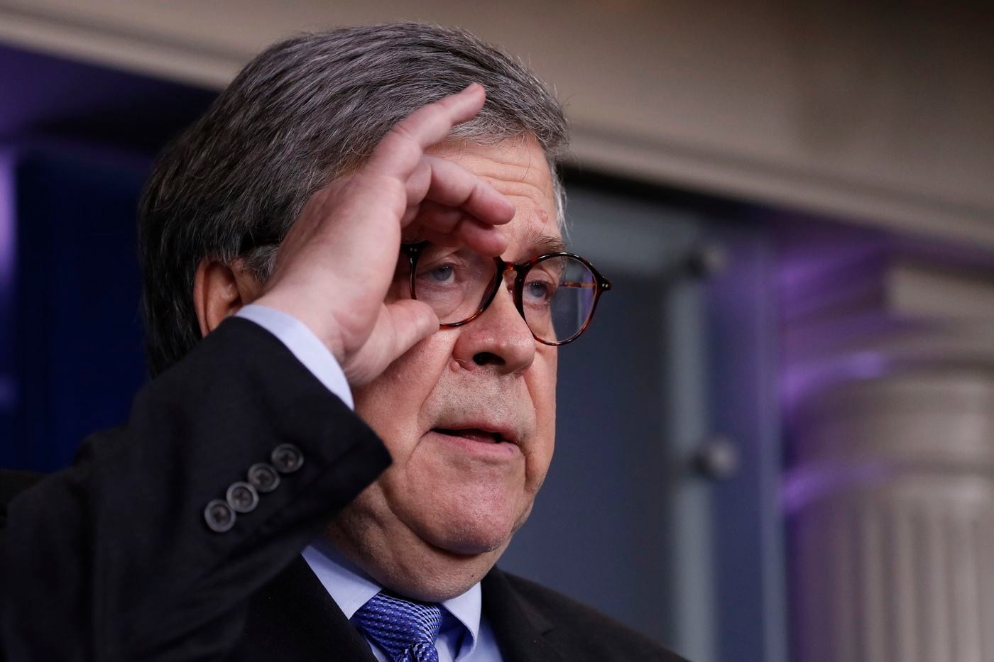 Attorney General William Barr speaks about the coronavirus in the James Brady Press Briefing Room of the White House last month.