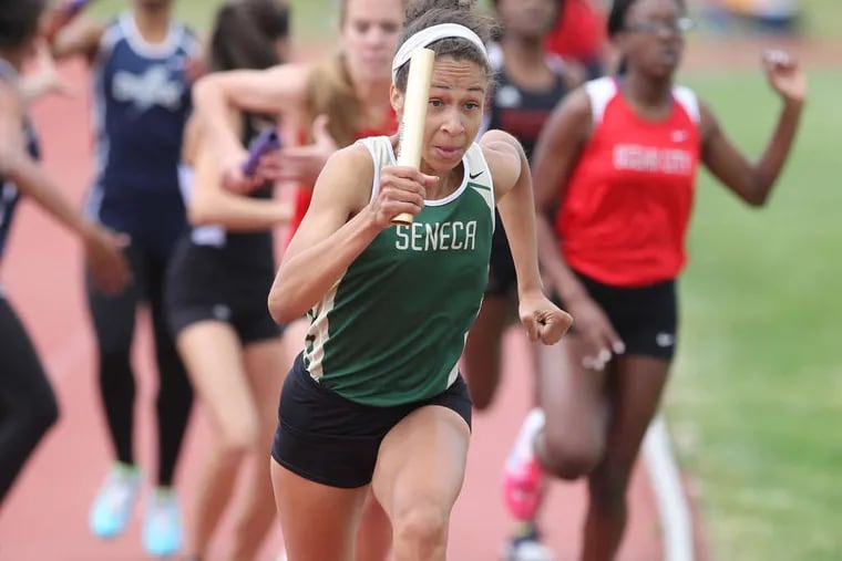 Seneca's Moriah Webb takes off on the second leg of the girls' South Jersey Group 3 4x400 relay. The Golden Eagles won the race in 4:04.05.