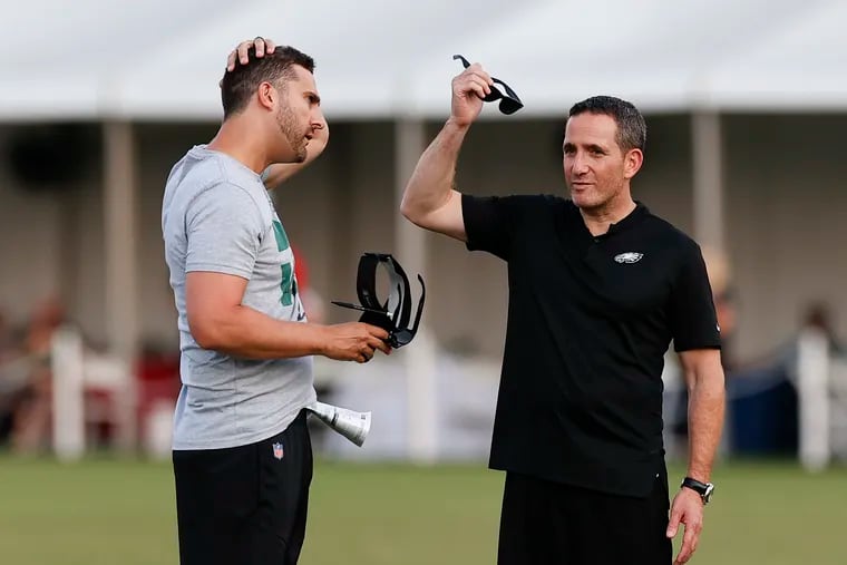 Eagles Head Coach Nick Sirianni with Executive Vice President/General Manager Howie Roseman at the end of training camp at the NovaCare Complex on Saturday, July 31, 2021.