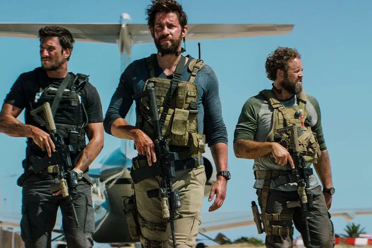 Pablo Schreiber, from left, as Kris "Tanto" Paronto, John Krasinski as Jack Silva, David Denman as Dave "Boon" Benton and Dominic Fumusa as John "Tig" Tiegen, in the film, "13 Hours: The Secret Soldiers of Benghazi"