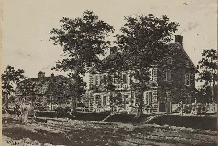 Photograph of a print of the Wister house, erected by John Wister in 1744.