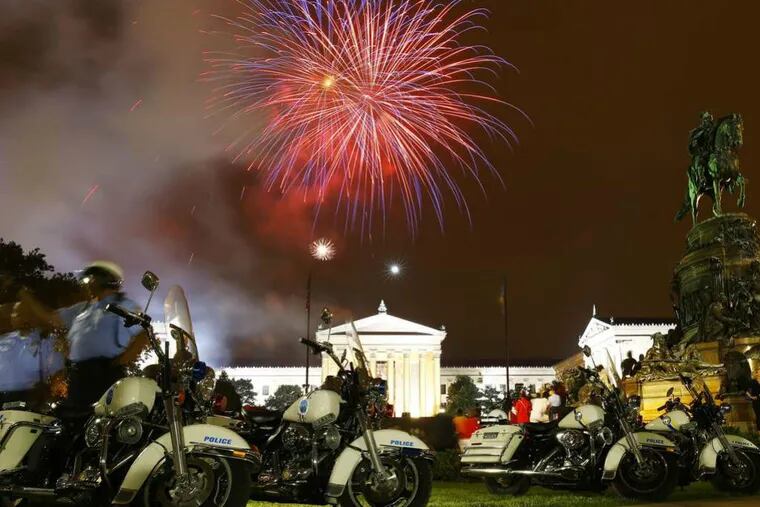 Red, white and blue streaks were mixed in with the fireworks over the Art Museum on July 4, but otherwise patriotism was conspicuously absent. (MATT ROURKE / ASSOCIATED PRESS)