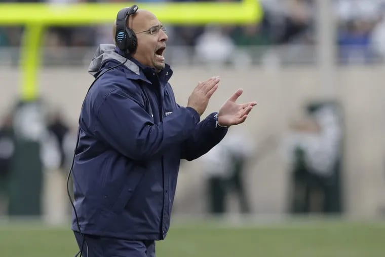 Penn State head coach James Franklin yells during the first half of an NCAA college football game against Michigan State, Saturday, Nov. 4.