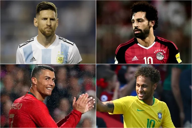 These four players will be some of the biggest stars at the 2018 FIFA World Cup in Russia. Clockwise from top left: Argentina's Lionel Messi, Egypt's Mohamed Salah, Brazil's Neymar and Portugal's Cristiano Ronaldo.