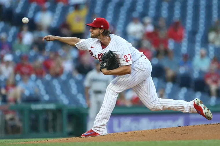 Aaron Nola pitching against the Marlins on June 30.