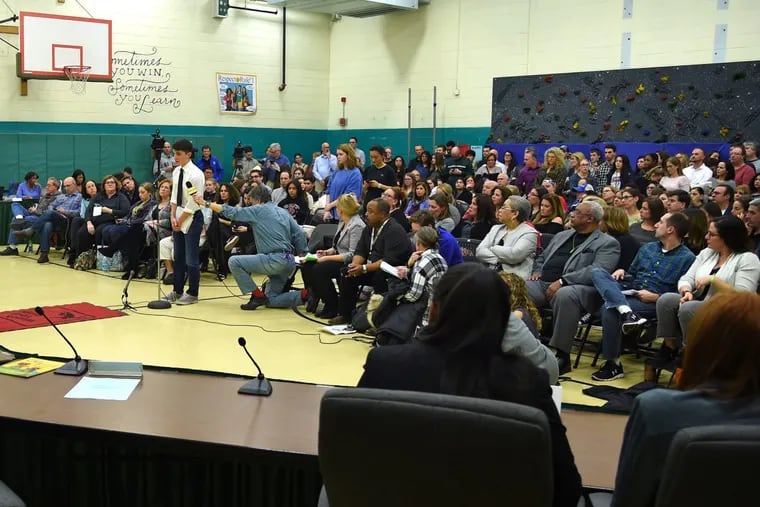 The Cherry Hill School Board meets February 27, 2018 after two days of protests by hundreds of Cherry Hill High School East students sparked by the suspension of popular history teacher Tim Locke who made comments against security issues at the school following the Parkland, Florida school shooting.