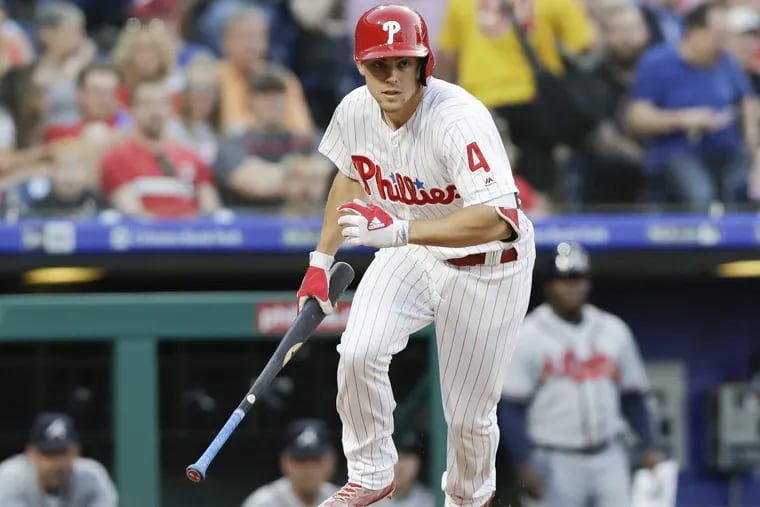 Phillies rookie Scott Kingery runs to first base on a pass ball strike out against the Atlanta Braves on Wednesday.