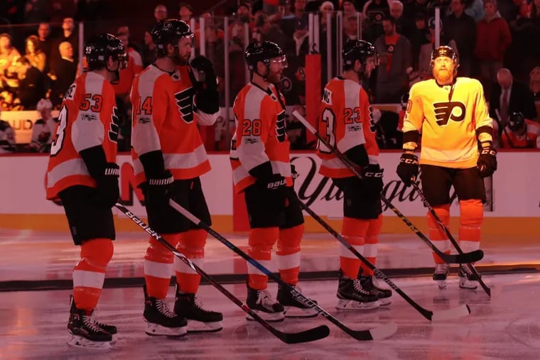 The Flyers starting lineup against the Minnesota Wild (from left to right): defenseman Shayne Gostisbehere, center Sean Couturier, center Claude Giroux, defenseman Brandon Manning and right wing Jakub Voracek on Saturday, November 11, 2017 in Philadelphia. YONG KIM / Staff Photographer