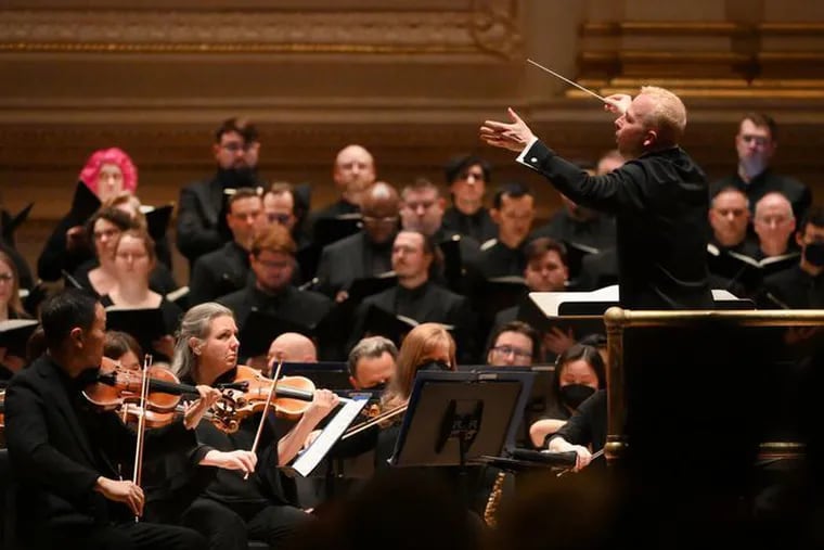 Music director Yannick Nézet-Séguin conducts the Philadelphia Orchestra and the Philadelphia Symphonic Choir during a performance of Beethoven's "Missa solemnis" at Carnegie Hall Friday night.