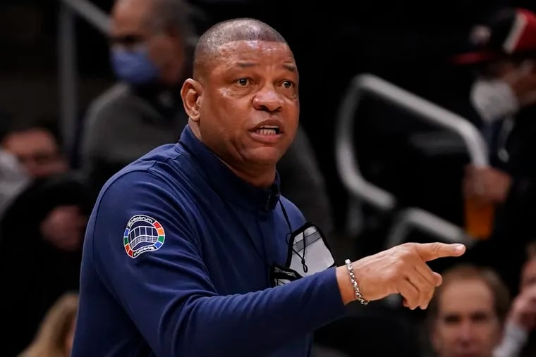 Philadelphia 76ers head coach Doc Rivers reacts during the first half of an NBA basketball game against the Milwaukee Bucks Thursday.