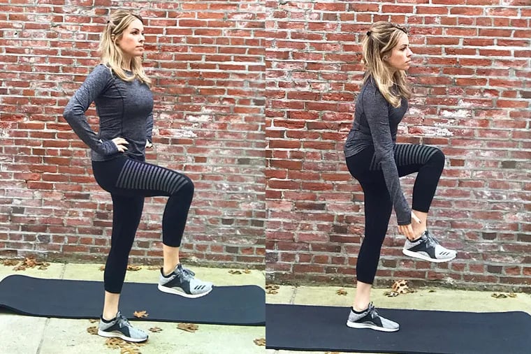 Ashley demonstrates beginner and advanced single-leg stands.