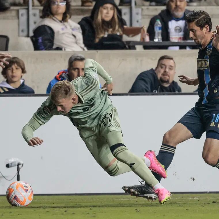The Union's Alejandro Bedoya collides with Los Angeles FC's Mateusz Bogusz during the teams' meeting in the Concacaf Champions League semifinals at Subaru Park in April.