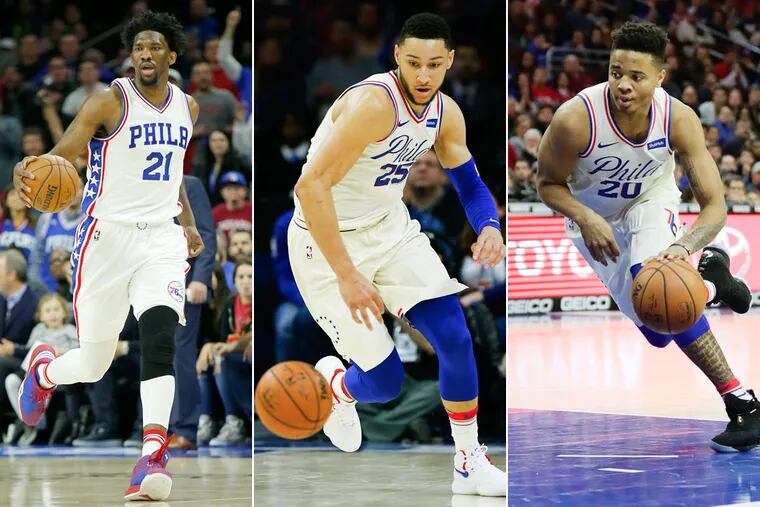 Young Sixers (from left) Joel Embiid, Ben Simmons, and Markelle Fultz.