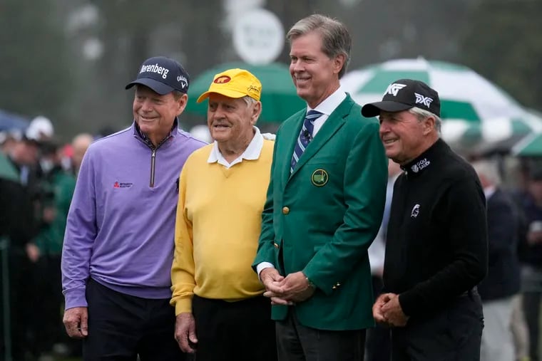 Tom Watson, from left, Jack Nicklaus, Fred Ridley, chairman of Augusta National Golf Club and the Masters Tournament, and Gary Player pose for a picture during the honorary starter ceremony before the first round at the Masters golf tournament on Thursday, April 7, 2022, in Augusta, Ga.