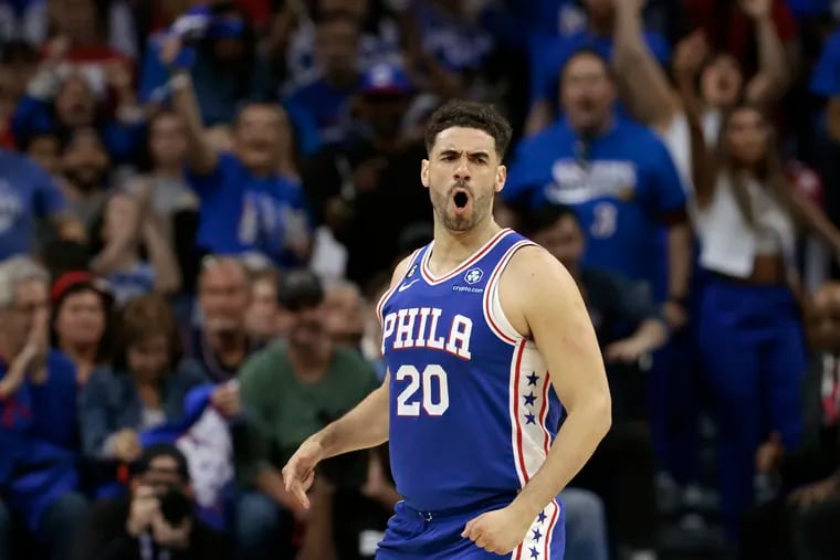 The Sixers' Georges Niang reacts after scoring in the first half of a game against the Boston Celtics at the Wells Fargo Center.