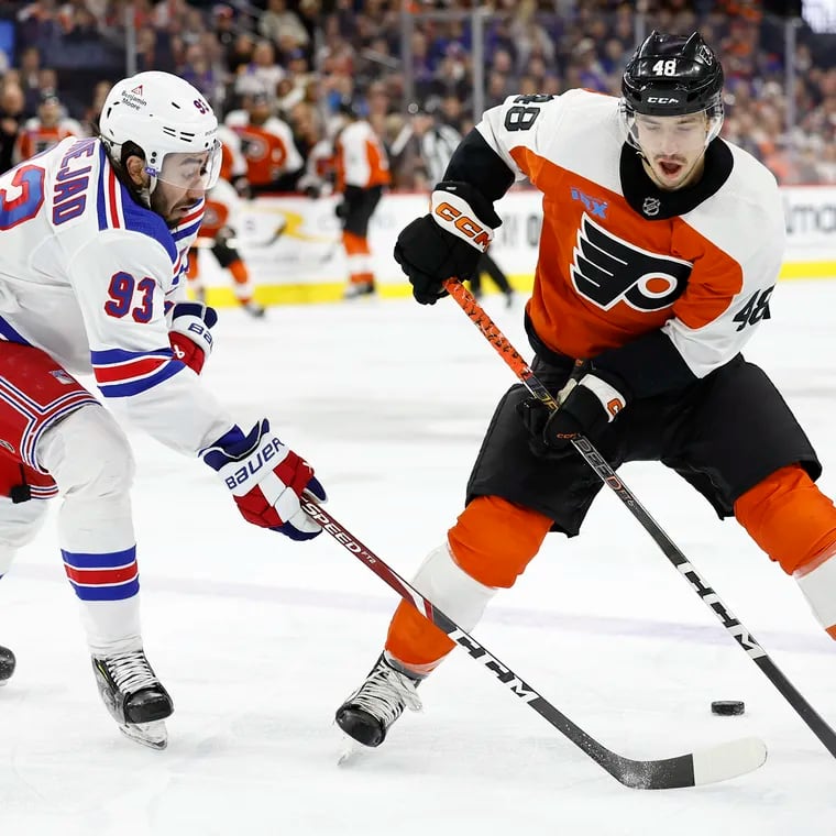 Morgan Frost (right) and the Flyers will face Mika Zibanejad and the New York Rangers two more times in the regular season.
