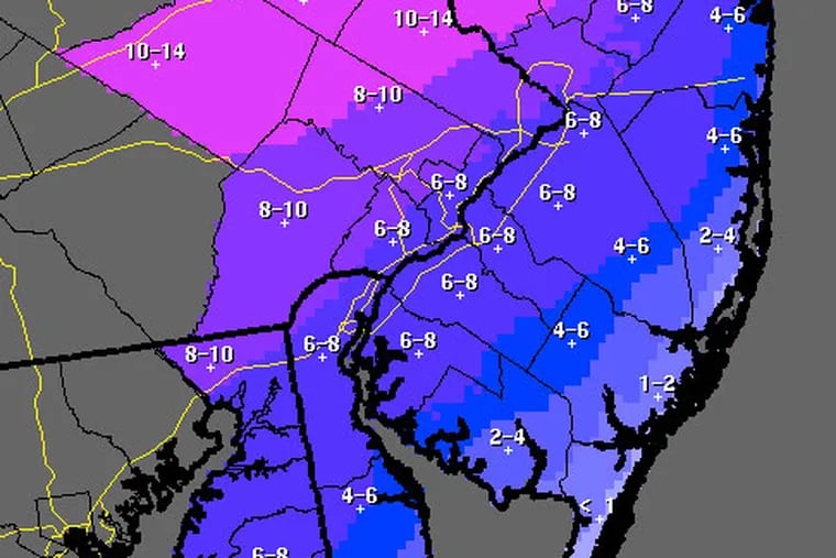 The National Weather Service released this snow-forecast map Wednesday afternoon, predicting snow totals of 6-10 inches in most of the Philadelphia area.