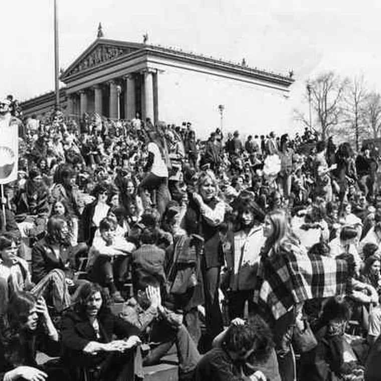 Philadelphia's first Earth Day celebration, in 1970, was led by Ira Einhorn, left, and drew hordes of environmental activists to a rally outside the Art Museum.