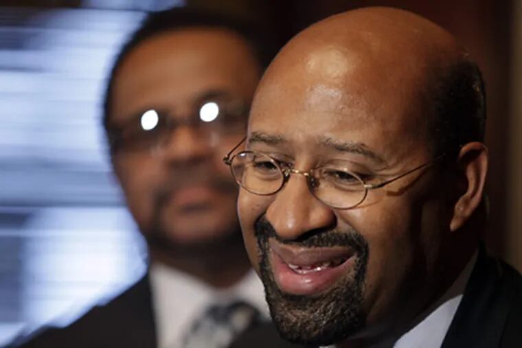 Nutter smiles at news of the Senate vote approving the Phila. budget deal. Behind him is State Rep. Jewell Williams (D., Phila.). (Carolyn Kaster / Associated Press)