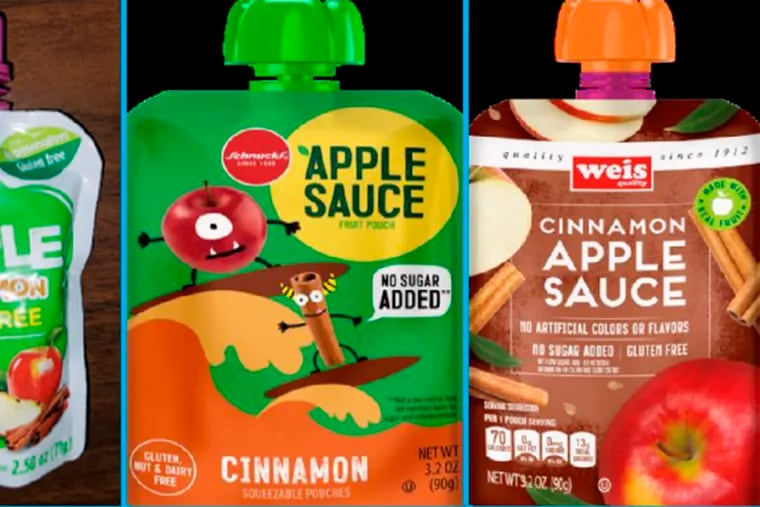 This image shows three recalled applesauce products:  WanaBana apple cinnamon fruit puree pouches, Schnucks-brand cinnamon-flavored applesauce pouches and variety pack, and Weis-brand cinnamon applesauce pouches. U.S. health officials said cinnamon applesauce pouches tied to lead poisoning in U.S. kids contained chromium, a chemical element that can be toxic. Consumers should not eat or serve the pouches and should discard them.