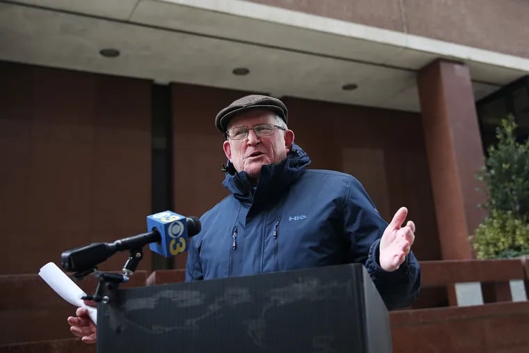 Robert M. Hoatson, president of Road to Recovery, a nonprofit that helps sexual abuse victims, speaks at a news conference announcing a six-figure settlement with the Archdiocese of Philadelphia over a sex-abuse case in front of the archdiocese's office in Philadelphia on Friday, Feb. 14, 2020.