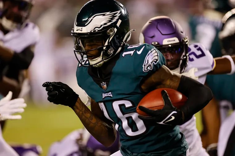 Eagles wide receiver Quez Watkins runs with the football against the Minnesota Vikings on Monday.