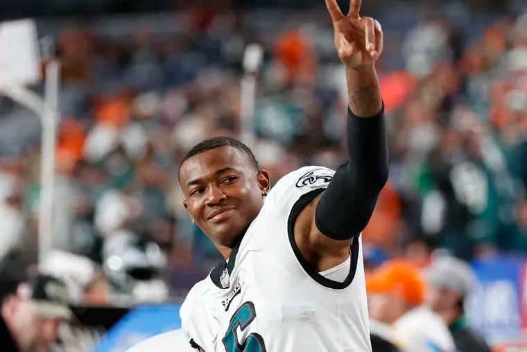 Eagles wide receiver DeVonta Smith raising his fingers to fans late in the Nov. 14 game against the Denver Broncos .