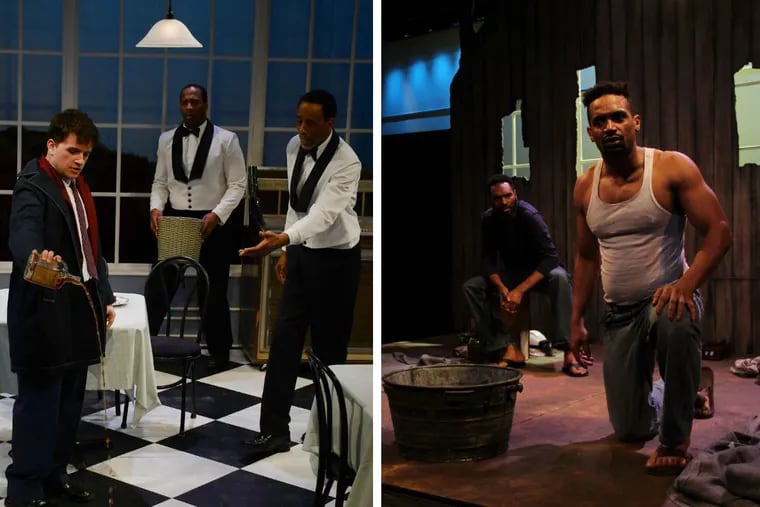 Left: Aidan McDonald, Juspin Jones, and Damien J. Wallace in " 'Master' Harold . . . and the Boys"; Right: Walter DeShields (left) and Carlo Campbell in "Egoli." Through April 7 at EgoPo Classic Theatre.
