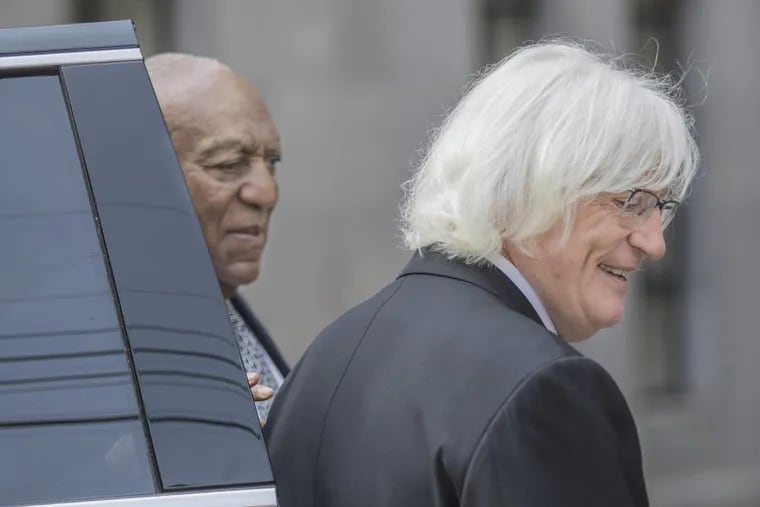 Bill Cosby and his new attorney Tom Mesereau after a pre-trial hearing at the Montgomery County Courthouse in Norristown, PA on Tuesday, August 22, 2017. Mesereau represented Michael Jackson in 2005 against child molestation charges.
