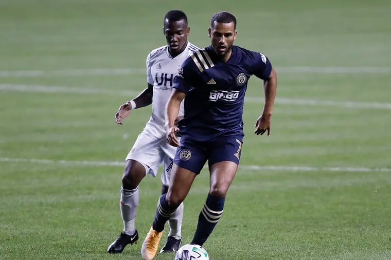 Andrew Wooten on the ball for the Union in a game against the New England Revolution on Sept. 12.