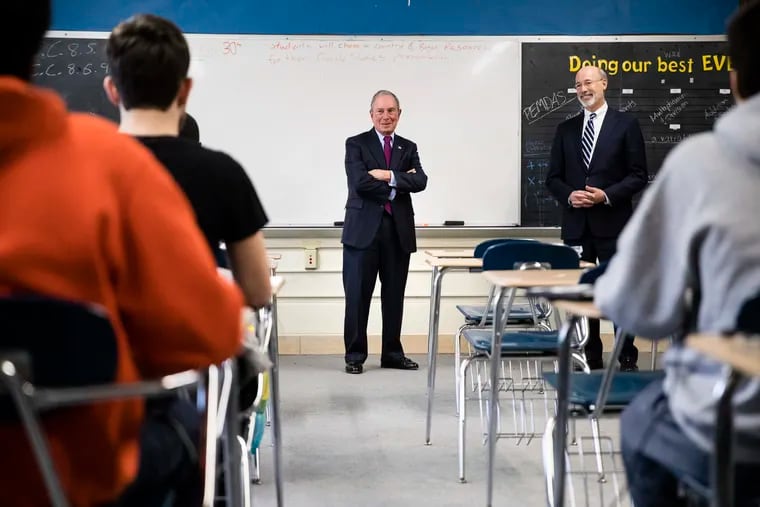 Former New York Mayor Michael Bloomberg (center) and Pennsylvania Gov. Tom Wolf meet with students at the The Bridge Way School in Philadelphia, which services students in grades 9 to 12 who are in recovery from substance abuse or addiction, last year.