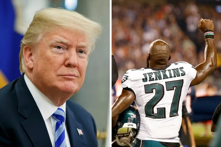 In this combination photo, President Donald Trump listens to a question during a meeting with Uzbek President Shavkat Mirziyoyev in the Oval Office of the White House in Washington, left, and Eagles' strong safety Malcolm Jenkins raises his fist during the national anthem before the Eagles played Chicago Bears, right. 
