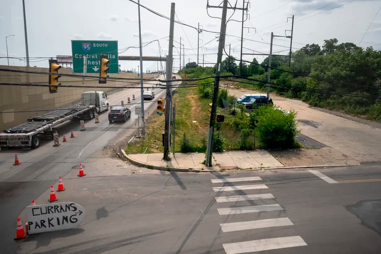 The ramp to southbound I-95 at State Road and Longshore Avenue on Thursday, June 15, 2023, with a newly-placed sign for parking (right) for Curran's Irish Inn, one of the businesses on State Road that has been directly impacted by the I-95 bridge collapse.