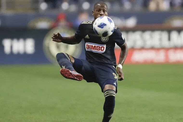 Union forward Fafa Picault kicks the soccer ball against Real Salt Lake on Saturday, May 19, 2018 in Chester, Pa.