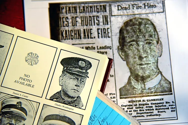 Photos of Camden Fire Department Chief Charles Worthington (left) and Engine Co. 2, Capt. Martin Carrigan (right) are in the Haddon Township home of Lee Ryan. He has been collecting fire department artifacts and memorabilia for decades. As the 150th anniversary of the Camden Fire Department nears, it also has become an opportunity to search for descendants of two firefighters who perished in the line of duty nearly a century ago.