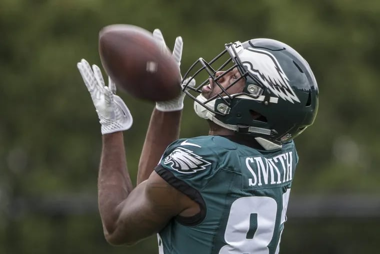 Eagles wide reciever Torrey Smith, #82, hauls in the football during a pass catching drill on the first day of full team practice at Eagle training camp on Thursday. Eagles practice with a full squad on Thursday, the first day of training camp for the entire team. 07/27/2017 MICHAEL BRYANT / Staff Photographer
