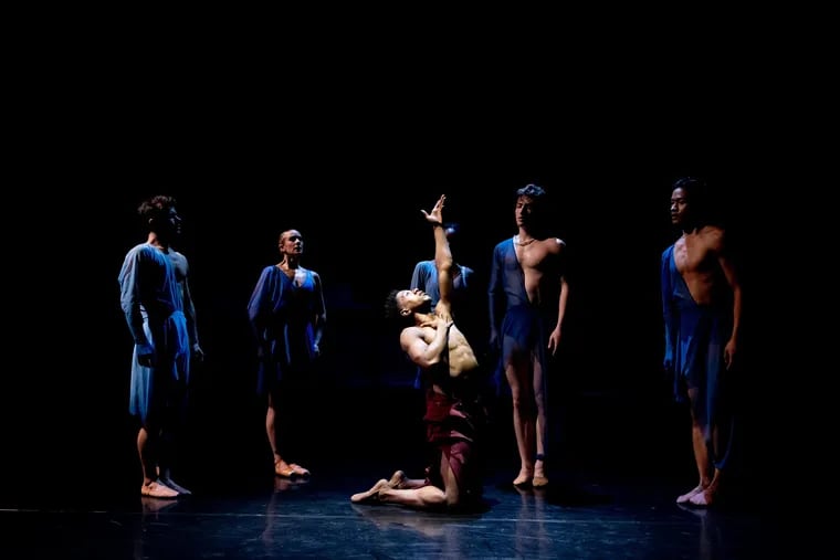 BalletX dancers Eli Alford, Skyler Lubin, Ben Schwarz, Jerard Palazo, and Shawn Cusseaux (center, as Sidd) in Nicolo Fonte's "Sidd: A Hero's Journey."