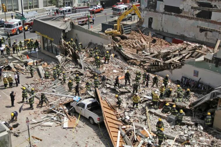 An overhead shot of the building collapse at 22nd and Market Streets.