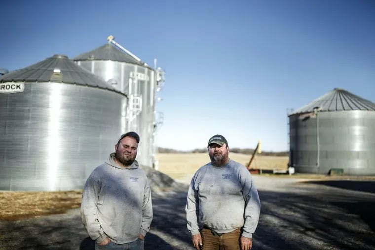 Rick Mains (right) is a soybean farmer in Newville. He said the tariffs "hit at a time when economically it’s hurting everybody — beef, poultry, crops are taking a hit. It's the worst time to have tariffs." Rick's son, Justin, is on the left.