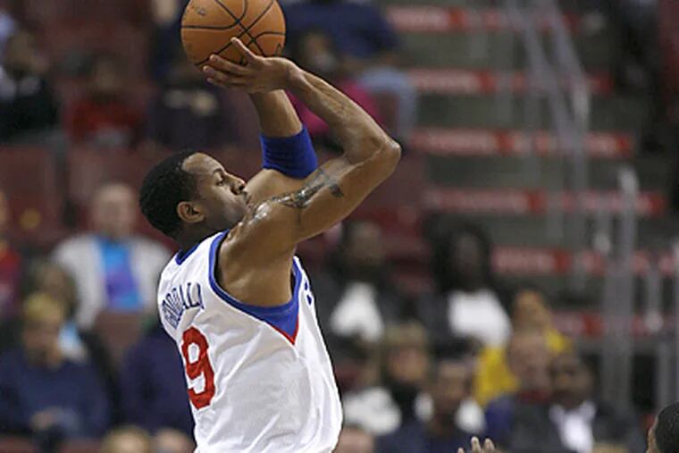Andre Iguodala lead the team in points with 27 as the Sixers lost to the Hawks., 104-101. (AP Photo/H. Rumph Jr.)