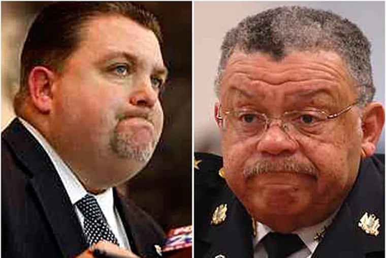 FOP President John McNesby (left) says Police Commissioner Charles Ramsey (right) fires cops too quickly. Says Ramsey: "I think there has to be a higher standard for officers, and I don't have a problem holding them to it." (Davie Maialetti, Tom Gralish / Staff Photographers)