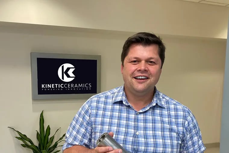 Robert Frantz, holding one of the high-tech piezoelectric pumps made by his firm, Kinetic Ceramics, which senses from fluid pressures when it's time to switch on. Seeking start-up energy, Frantz moved his company from Philadelphia's growing but increasingly big-employer-dominated Navy Yard to the suburban Spring House Innovation Center in 2020.